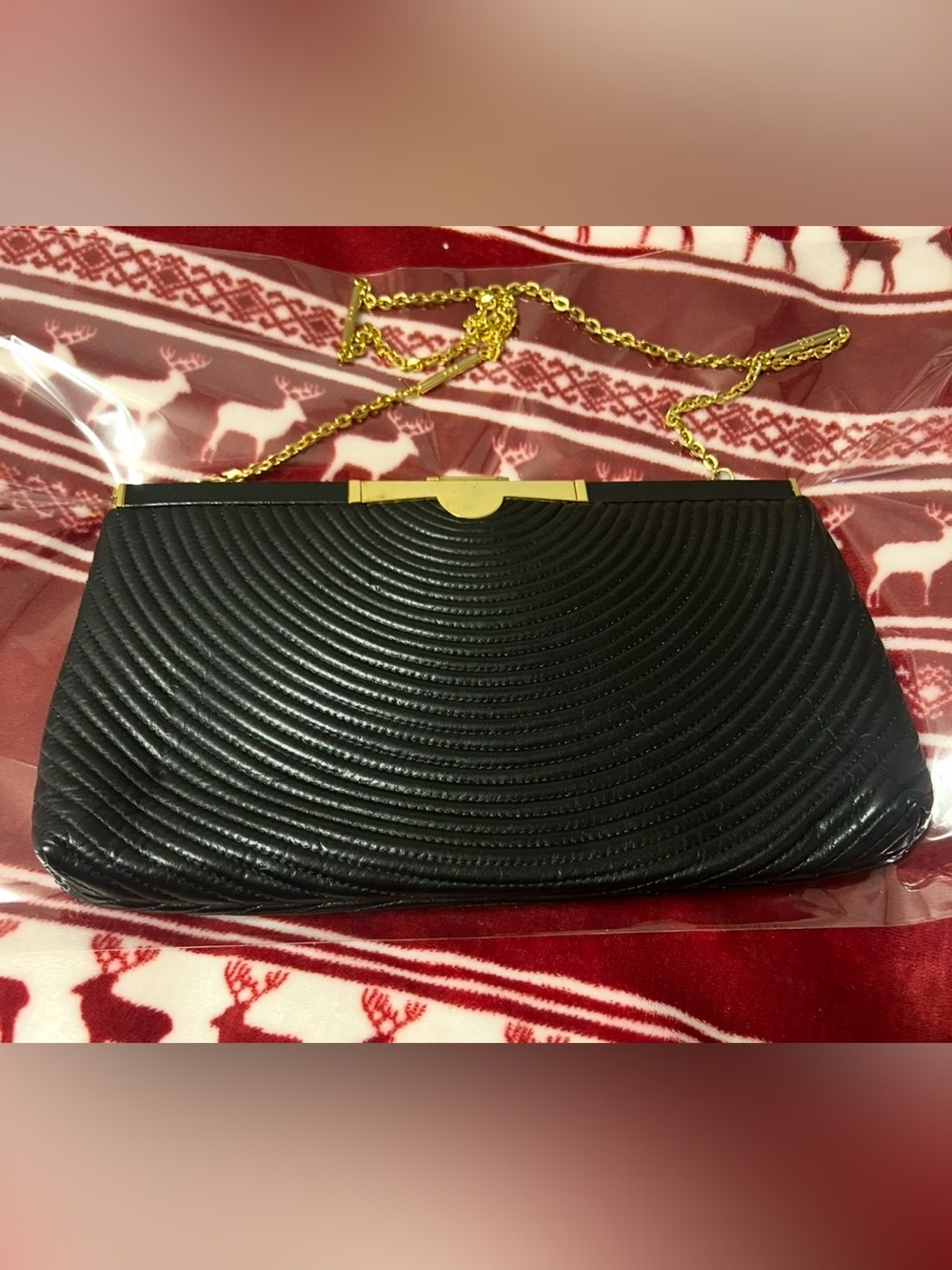 Black Textured Chain Crossbody Clutch with Gold Hardware